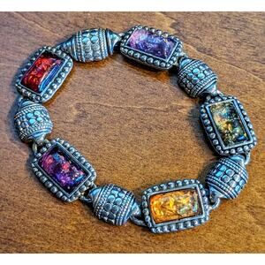 Antiqued Silver Tone Faux Multi-Color Opal Station Bracelet W/ Magnetic Clasp